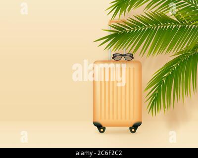 Valise avec lunettes de soleil et feuilles de palmier. Illustration de Vecteur