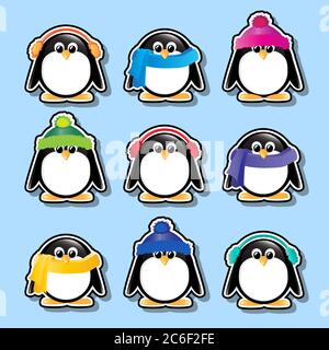 Pingouinstickers de dessins animés d'hiver. Format vectoriel EPS10. Illustration de Vecteur