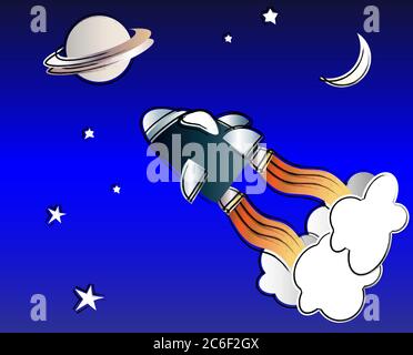 Illustration vectorielle d'un vaisseau spatial dans l'espace, dans le style d'un dessin d'enfant Illustration de Vecteur