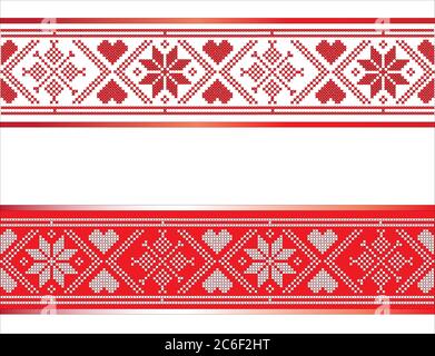 Rubans de fête de style scandinave avec coeurs et flocons de neige. Design traditionnel rouge et blanc avec espace pour le texte. Format vectoriel EPS10. Illustration de Vecteur