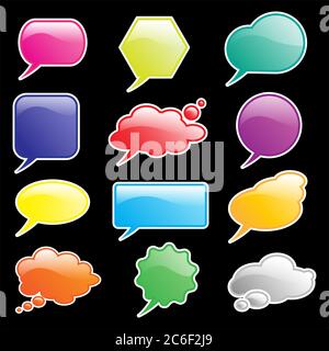 Des bulles de parole et de réflexion brillantes isolées sur du noir. Espace pour votre texte. Format vectoriel EPS10 Illustration de Vecteur