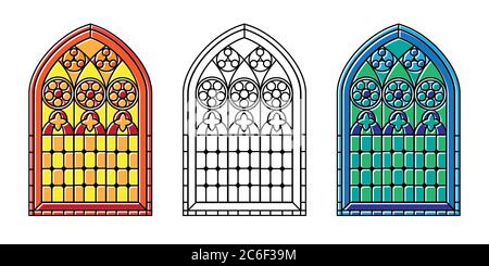 Un ensemble de style gothique vitrail dans des tons frais, tons chauds et noir et blanc contour. Format vectoriel EPS10 Illustration de Vecteur
