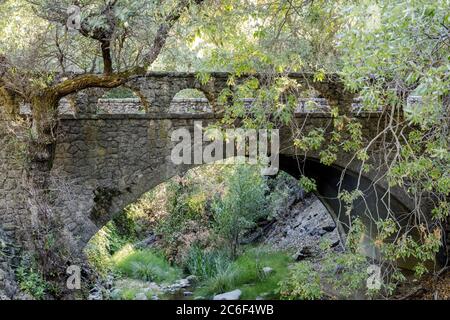 Pont piétonnier historique au-dessus de Penitencia Creek au parc Alum Rock. Banque D'Images