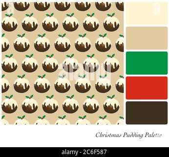 Un design sans couture de puddings de Noël avec du beurre de brandy et une branche de houx avec des baies. Ensemble de couleurs avec couleurs complémentaires Illustration de Vecteur