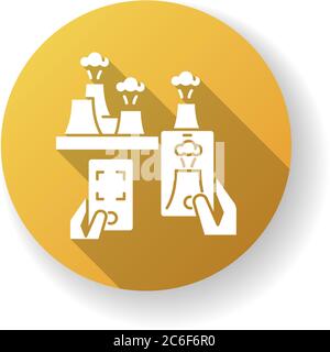 Tourisme atomique jaune plat design long ombre glyphe icône. Visite des monuments de l'ère atomique. Tourisme nucléaire populaire, activité de vacances moderne. Puissance p Illustration de Vecteur