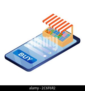 Illustration isométrique de l'achat en ligne isolé sur fond blanc. Magasin de proximité, concept de page d'arrivée. Illustration de Vecteur