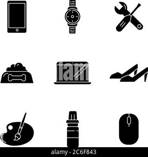 Catégories de boutique en ligne icônes de glyphe noir sur espace blanc. Appareils électroniques. Technologie moderne. Écrans numériques. Moniteurs TV. Outil de réparation. Silhoue Illustration de Vecteur