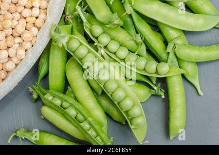 Gousses de pois verts avec pois jaunes séchés sur fond gris gros plan. Récolte dans le jardin Banque D'Images