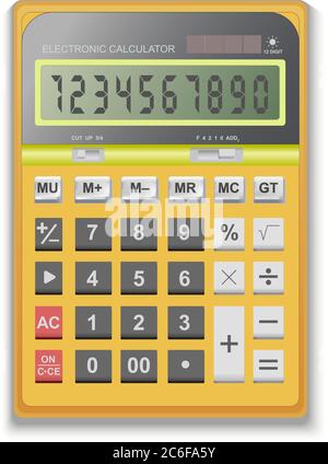 Calculatrice 3d réaliste dans le vecteur Orange, pour calculer le prêt, le crédit, la finance, l'argent, les affaires. Isolé sur fond blanc. Illustration de Vecteur