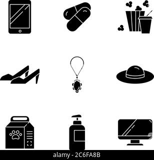 Les icônes de glyphe noir des achats en ligne sont placées sur un espace blanc. Technologie électronique numérique. Mode et beauté. Nourriture pour animaux de compagnie. Restauration rapide pour le divertissement. Si Illustration de Vecteur