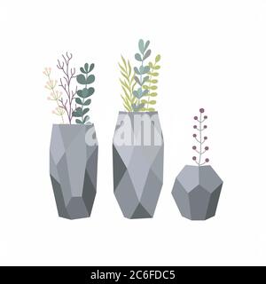 Ensemble de fleurs dans des vases. Vase élégant avec plantes Illustration de Vecteur