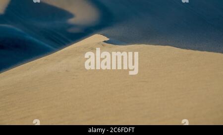 vent soufflant des grains de sable beige sur la crête d'une dune. mouvement flou au premier plan et ombre à l'arrière-plan. Banque D'Images