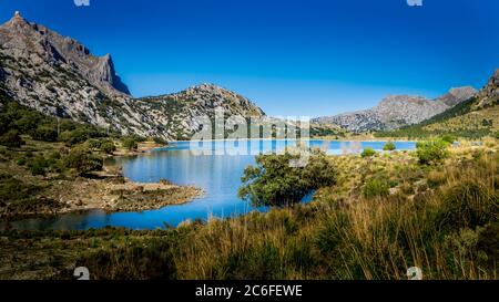 vue sur l'idyllique réservoir d'eau avec des herbes en premier plan et la montagne puig major en arrière-plan Banque D'Images