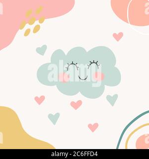 Décoration de pépinière pour enfants avec un nuage et un cœur amusants. Objets uniques dessinés à la main. Formes organiques couvre le motif dans les couleurs pastel. Backgrou abstrait Illustration de Vecteur