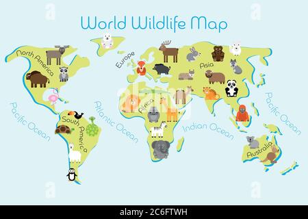 Carte de la faune mondiale - continents avec une faune typique. Animaux amusants. Tapis ou affiche pour enfants. Illustration vectorielle. Illustration de Vecteur