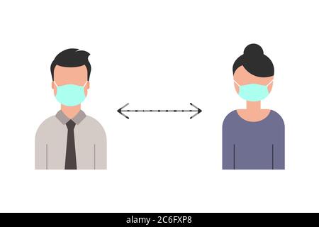Distanciation sociale sur le lieu de travail. Homme d'affaires et femme d'affaires portent des masques de protection. Sécurité au travail. Protection contre les coronavirus. Caractères en blanc Illustration de Vecteur