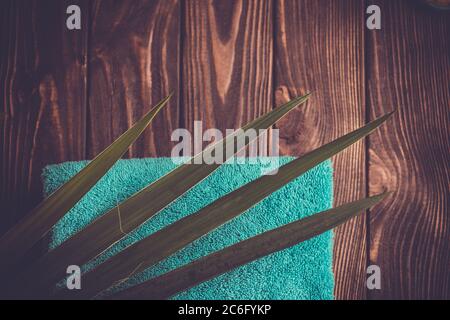 Serviette de couleur menthe et feuille verte sur fond sombre. Serviette de bain sur fond en bois Banque D'Images