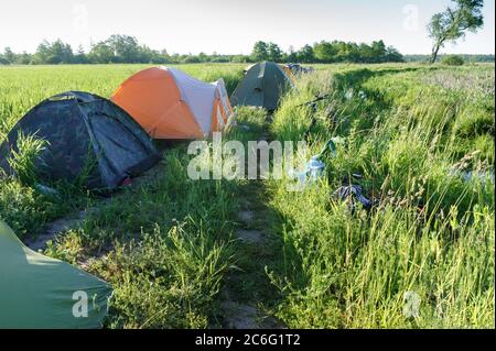 Camp touristique dans le marais, les tentes de camping dans les zones humides Banque D'Images