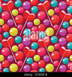 Motif sans couture avec boules de bonbons et sucettes en forme de coeur illustration vectorielle colorée et lumineuse. Illustration de Vecteur