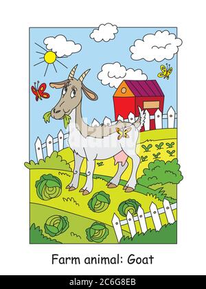 Colorier des pages avec la chèvre drôle mâchant un chou sur la ferme. Illustration vectorielle de dessin animé. Illustration de stock pour le design, l'éducation préscolaire, imprimer un Illustration de Vecteur