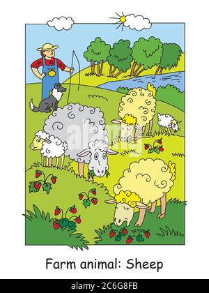 Colorier des pages avec de jolis moutons qui se meuvent sur le pré et le berger avec son chien. Illustration vectorielle de dessin animé. Illustration de stock pour le design, prématernelle edu Illustration de Vecteur