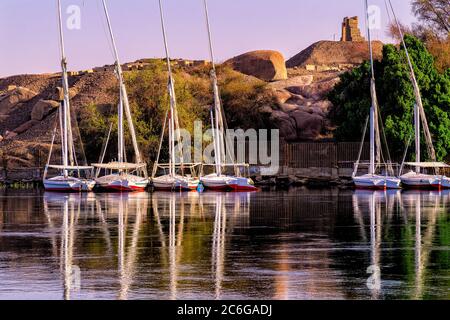 Feluccas amarré en début de matinée à l'île d'Elephantine sur le Nil à Assouan, avant le début des activités touristiques quotidiennes Banque D'Images