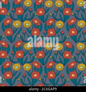 Motif de fleurs Moon Daisy de style rétro sans coutures dessinées à la main Banque D'Images
