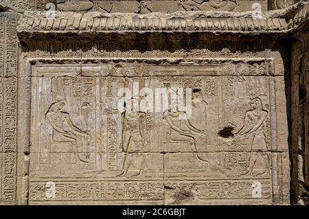 Sculptures hiéroglyphiques sur les murs extérieurs du Temple de Hathor dans le complexe du Temple de Dendera Banque D'Images