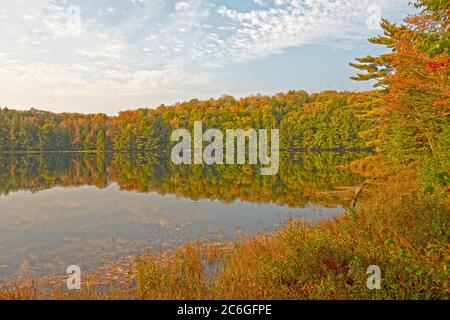 Couleurs d'automne le matin sur le lac Mayflower, dans les bois du nord du parc provincial Arrowhead, en Ontario Banque D'Images