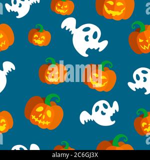 Motif sans couture avec fantômes effrayants et citrouilles sculptées illuminées pour Halloween. Illustration vectorielle sur fond bleu Illustration de Vecteur