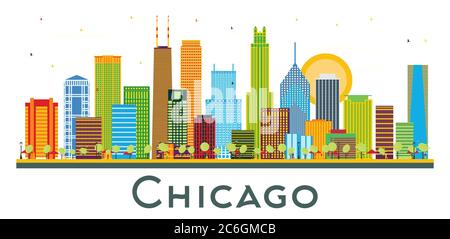 Chicago Illinois City Skyline avec bâtiments couleur isolés sur blanc. Illustration vectorielle. Voyages d'affaires et tourisme. Illustration de Vecteur