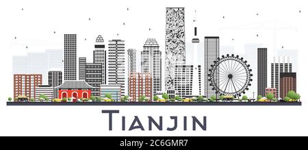 Tianjin China City Skyline avec bâtiments couleur isolés sur blanc. Illustration vectorielle. Voyages d'affaires et tourisme. Illustration de Vecteur