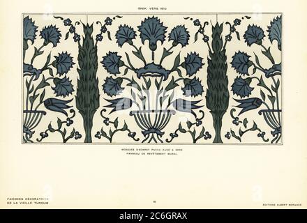 Panneau de carreaux de céramique murale décorés de feuillage dans la mosquée Esrefzade à Iznik, Bursa, fabriqué à Iznik, Turquie, vers 1610. Mosquee d’Echref Pacha Zade a Isnik. Panneau de revetement mural. Isnik (vers 1610). Pochor (pochoir) lithographie de couleur main de la faïence décorative de la Vieille Turquie d’Alexandre Raymond, poterie décorative de la Turquie antique, Éditions Albert Morance, Paris, 1927. Banque D'Images