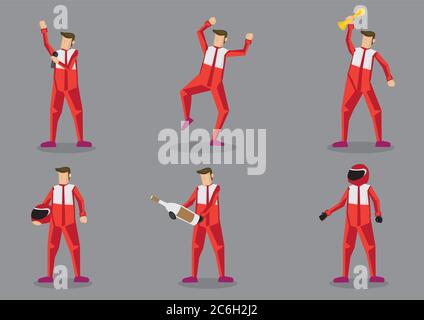 Ensemble de six personnages de dessin animé en costume rouge comme course de voiture de sport professionnelle isolée sur fond gris. Illustration de Vecteur