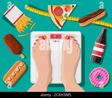 Femme en surpoids debout sur le pèse-personne, fast food sur le sol. Pizza, hot dog, beignet, crème glacée, frites, cola. Un régime sain, une alimentation adéquate, une obésité excessive. Illustration vectorielle plate Illustration de Vecteur