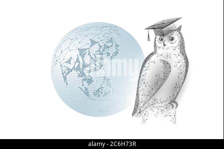 Hibou oiseau symbole de l'éducation sage. Concept de distance d'apprentissage en ligne. Concept de programme international de certificat de troisième cycle. Internet 3D poly faible Illustration de Vecteur