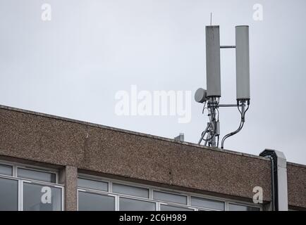 Vue isolée des antennes réseau de téléphone récemment installées, vue au sommet du bloc de bureau. Banque D'Images