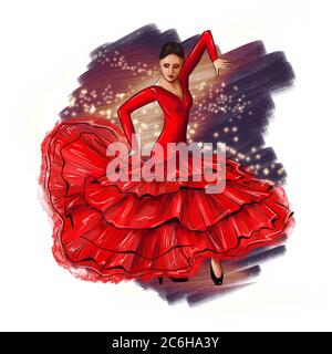 Femme espagnole dansant le flamenco. Fille en robe rouge, festival de latina, fête. Danseuse, fond blanc isolé. Banque D'Images