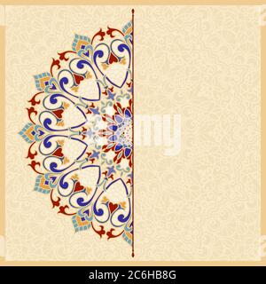 Modèle de carte de vœux, invitation et bannière publicitaire, brochure avec Mandala main dessinée à la main. Décoration ronde et colorée à motif turc. Illustration de Vecteur