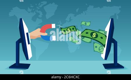 Vecteur d'une main avec aimant sortant du bureau attirant des billets en dollars d'argent d'un autre ordinateur Illustration de Vecteur
