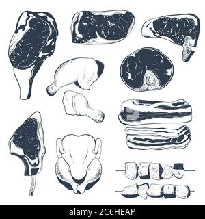 Ensemble de produits de viande crus dessinés à la main Illustration de Vecteur