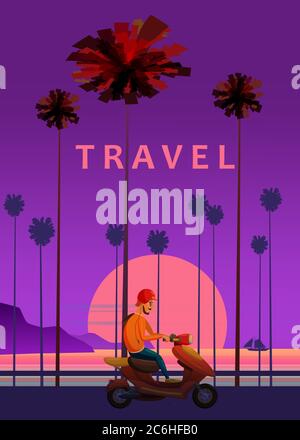 Illustration du vecteur de déplacement et de trajet. Coucher de soleil, océan, mer, paysage marin. Scooter de surf, mobylette sur la plage de palmiers. Vacances d'été. Fond de palmier sur la route Illustration de Vecteur