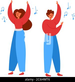 Jeunes deux femmes et hommes personnes écoutant de la musique et dansant isolés sur fond blanc, concept d'illustration Illustration de Vecteur