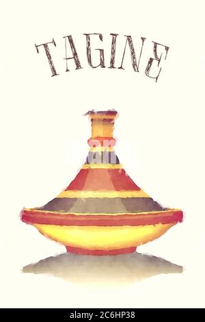 Illustration aquarelle d'un tajine rayé coloré, isolé sur fond pastel. Format vectoriel EPS10. Illustration de Vecteur