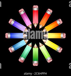 Un cercle de crayons de couleur formant une roue de couleur sur fond noir. Format vectoriel EPS10 Illustration de Vecteur
