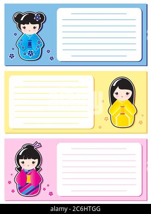 Des autocollants Kokeshi mignons sont apposés sur des notes ou des invitations. Espace pour votre texte. Format vectoriel EPS10. Illustration de Vecteur