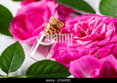 aromathérapie - huile essentielle florale dans la bouteille avec des fleurs roses Banque D'Images