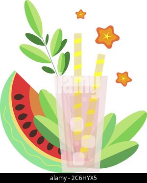 Jus de pastèque. Jus frais dans un verre avec de la glace et une paille. Illustration de Vecteur
