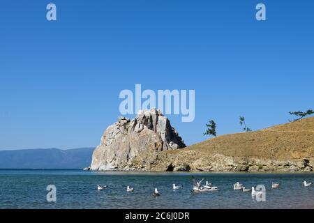 Une écluse de goélands sur l'eau en face de Shaman Rock sur l'île d'Olkhon, lac Baikal, Russie Banque D'Images