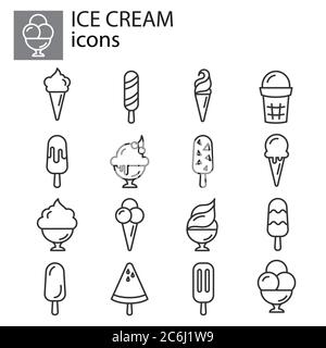 Ensemble d'icônes de crème glacée, symbole de l'ensemble de licaces, dessert ou douceur en ligne fine d'icône de tasse, linéaire, contour. Glace en verre. Simple signe, logo Illustration de Vecteur